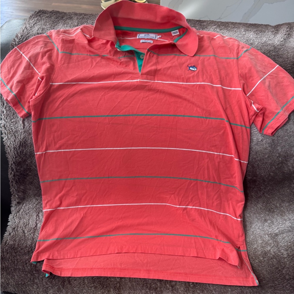 Southern Tide Red and White Striped Polo Shirt